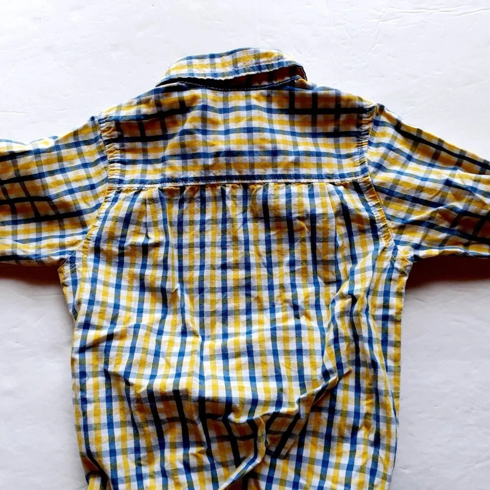 Oshkosh Boys Shirt Button Down Bodysuit Yellow Blue Plaid Long Sleeve 18 Months